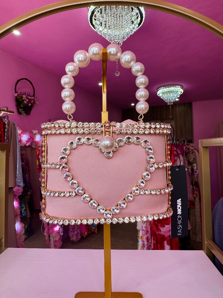 Pink Pearl Heart Purse Glam Rhinestone Statement Bag